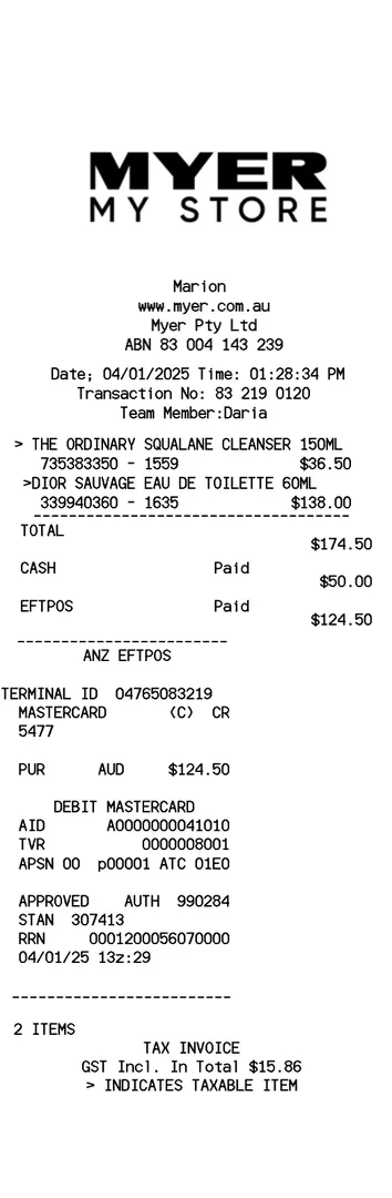 Myer Receipt