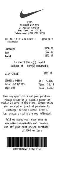 Nike Receipt 2024