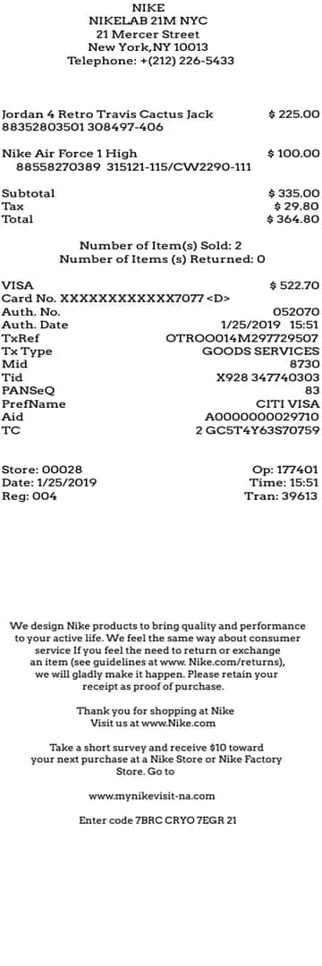 NikeLab Receipt