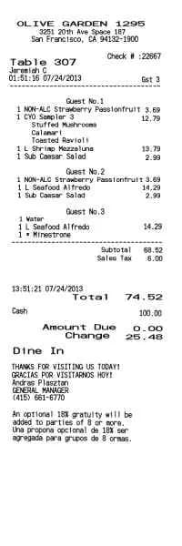 Olive Garden Receipt