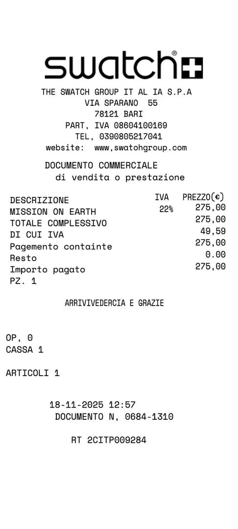 Omega Swatch Watch Receipt