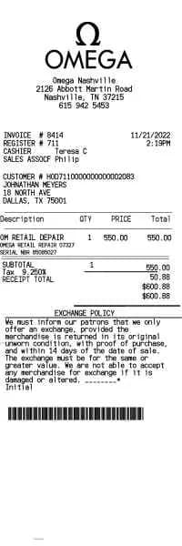 Omega Watch Receipt