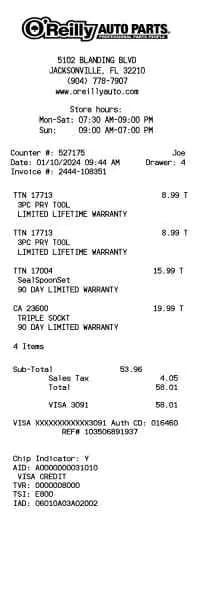 O'Reilly Auto Parts Receipt