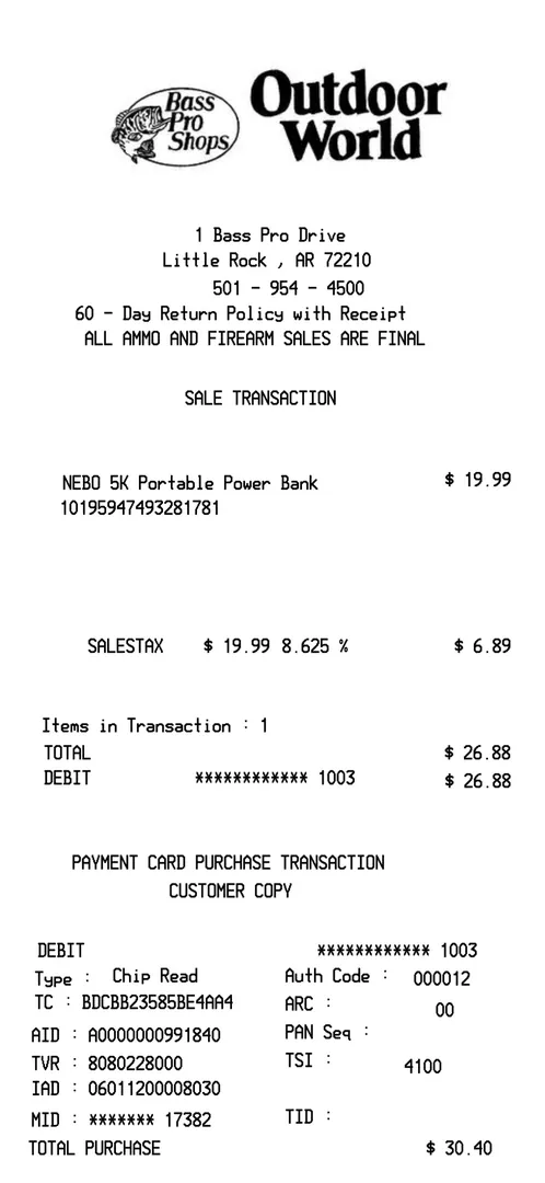 Outdoor World Receipt Sample