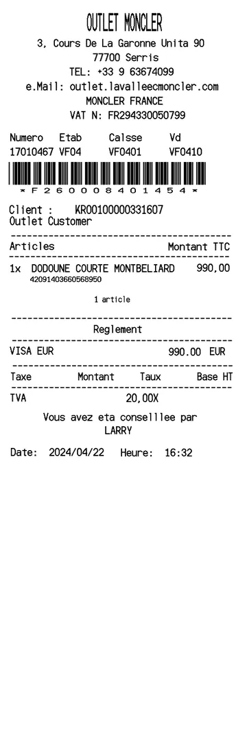 Outlet Moncler Receipt