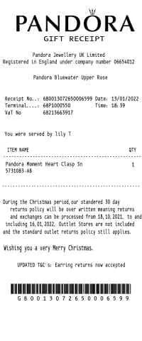Pandora Gift Receipt