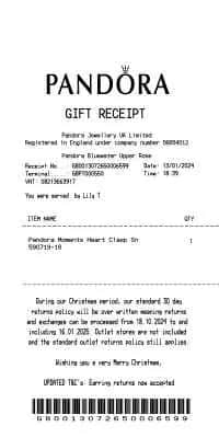 Pandora Gift Receipt