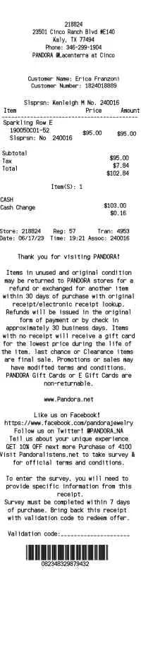 Pandora Receipt