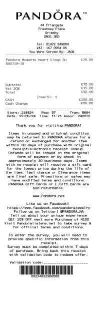 Pandora Receipt