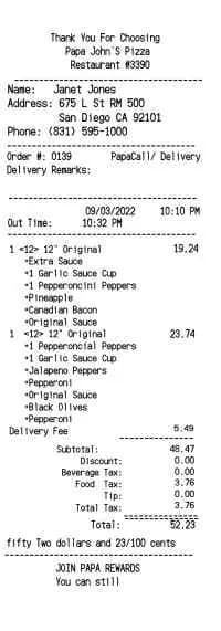 Papa Johns Pizza Receipt