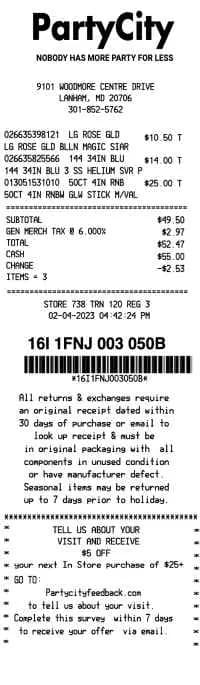 Party City Receipt