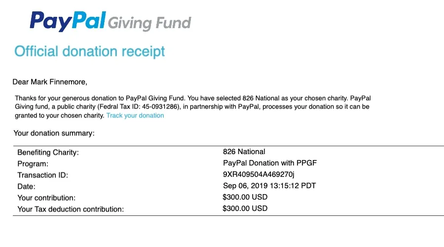 Paypal Giving Fund Donation Receipt