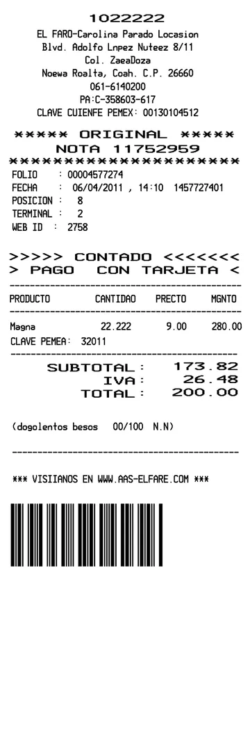 Pemex Gas Receipt Spanish