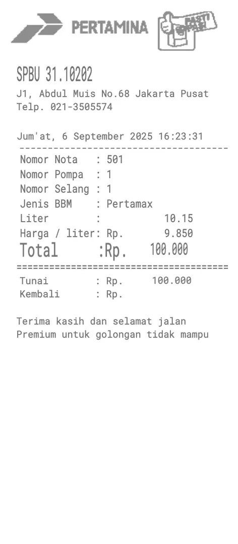 Pertamina Petro Receipt