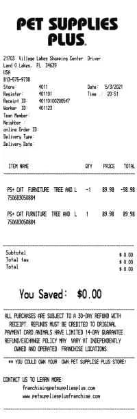 Pet Supplies Plus Receipt