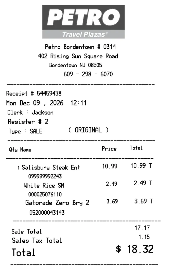 Petro Stopping Center Plaza Receipt