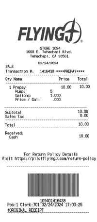 Pilot Flying J Receipt Fuel