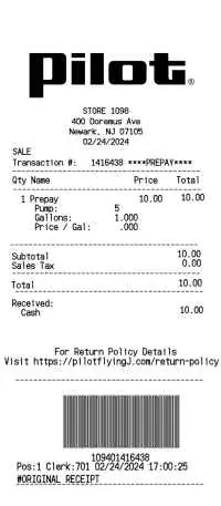 Pilot Fuel Receipt