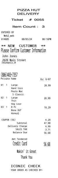 Pizza Hut Receipt