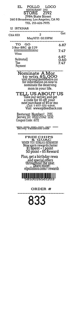 Pollo Loco Restaurant Receipt