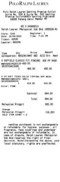 Polo Ralph Lauren Receipt