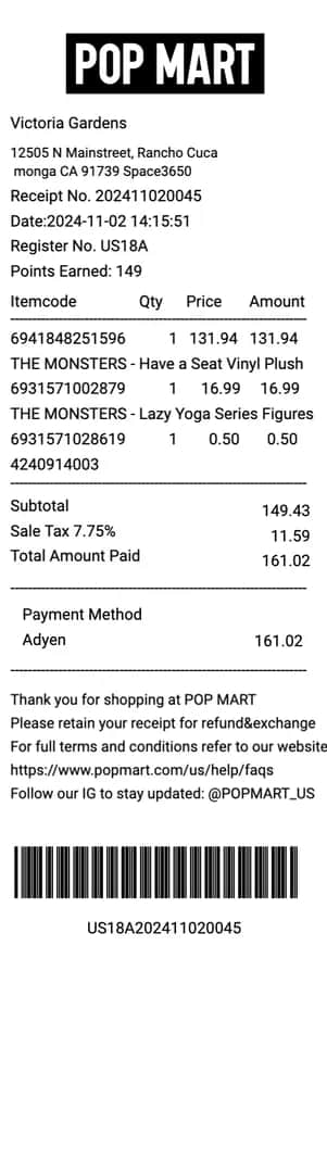 Pop Mart Receipt USA