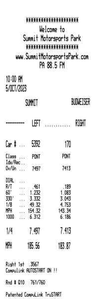 Raceway Time Slip Receipt