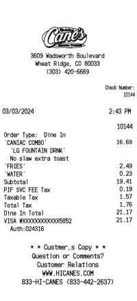 Raising Canes Receipt