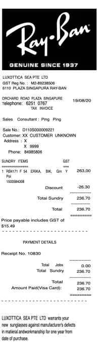 Ray-Ban Receipt