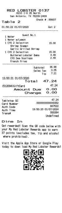 Red Lobster Receipt