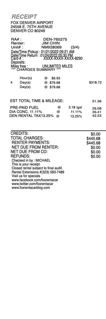Rental Car - Fox Receipt