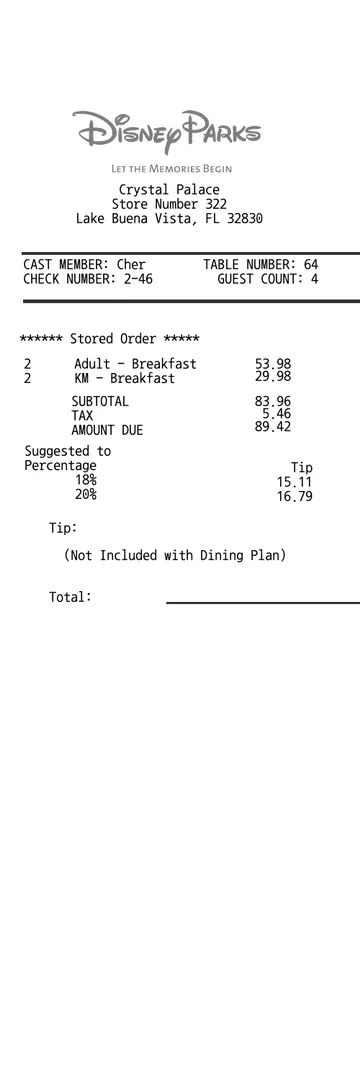 Restaurant Receipt - DIsney Parks