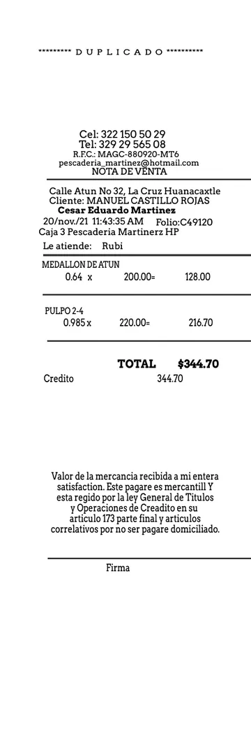 Restaurant Receipt Mexico Spanish