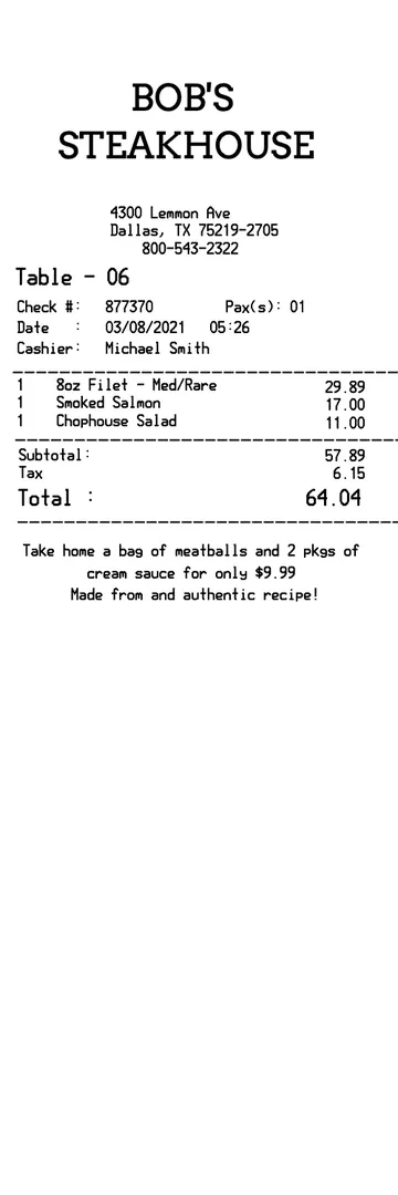 Restaurant Steakhouse Receipt