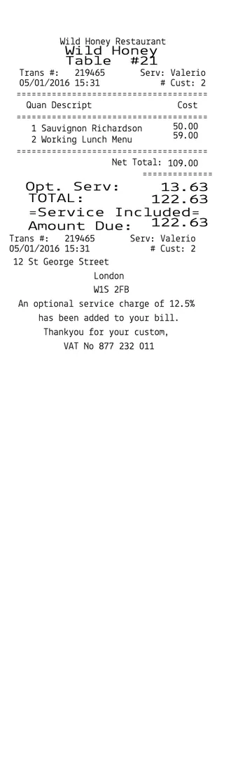 Restaurant Includes VAT Receipt