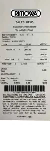 Rimowa Luggage Receipt