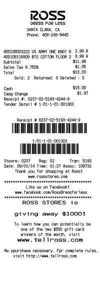 Ross Clothing Receipt