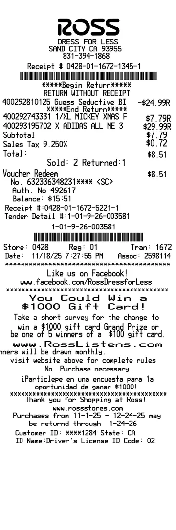 Ross Clothing Return Receipt Sample