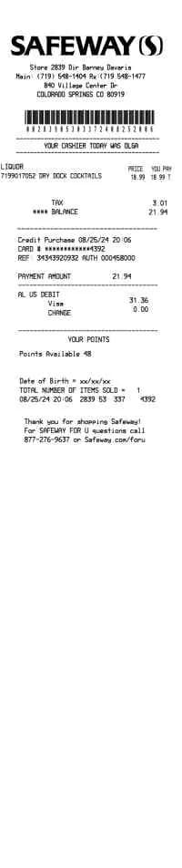 Safeway Receipt with Barcode