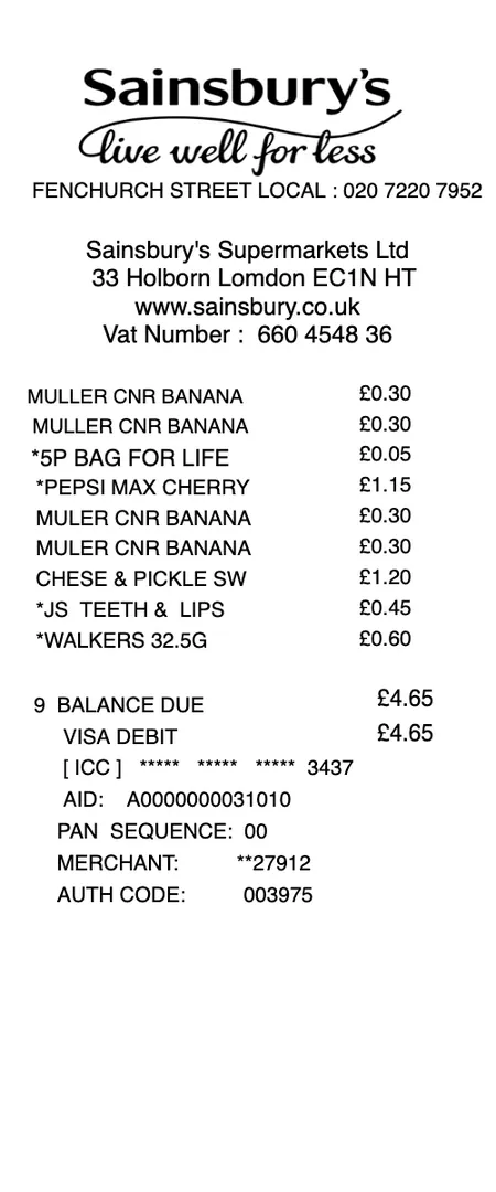 Sainsburys Receipt