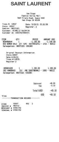 Saint Laurent Receipt YSL Yves