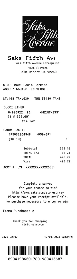 Saks Fifth Ave Receipt