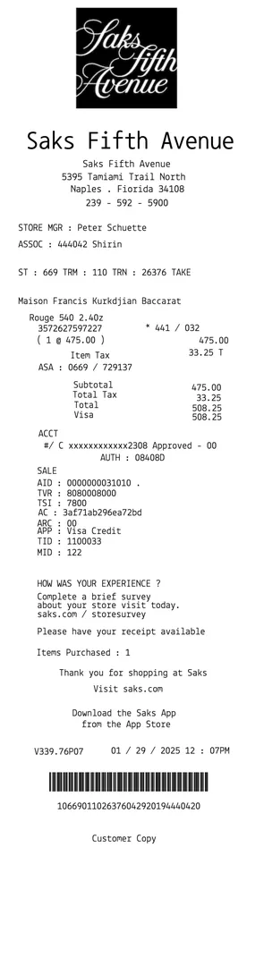 Saks Fifth Avenue Receipt 2