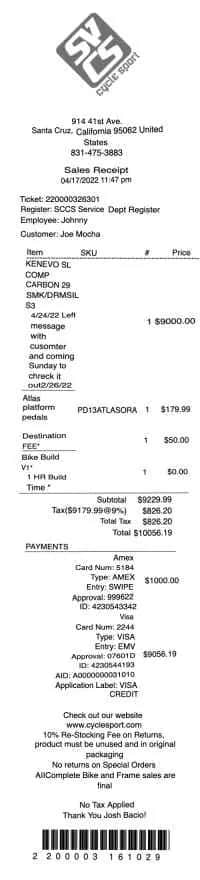 Santa Cruz Bike Receipt