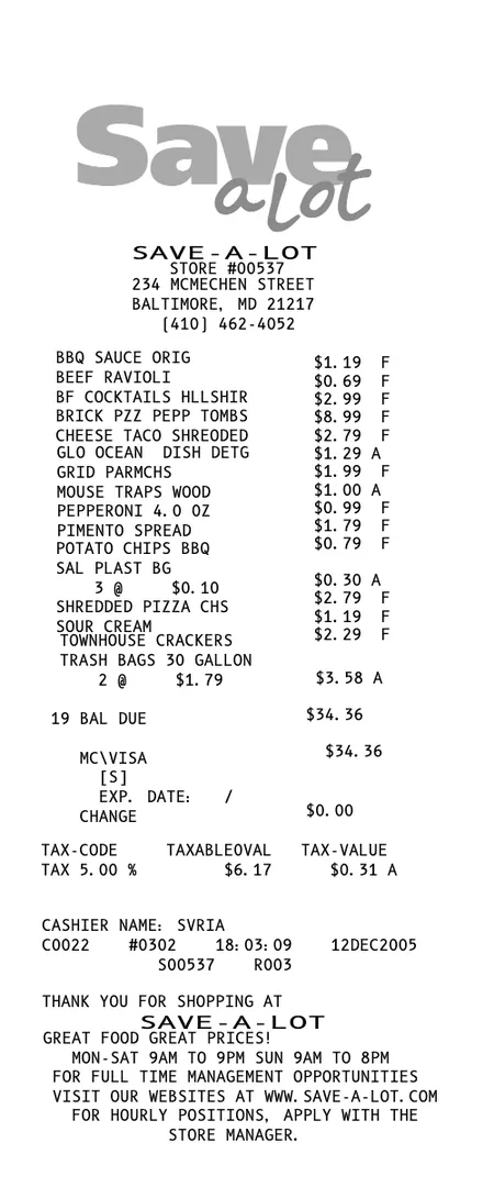 Save-A-Lot Receipt