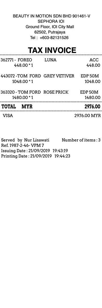 Sephora Asia 2 Receipt