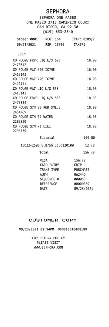 Sephora Receipt