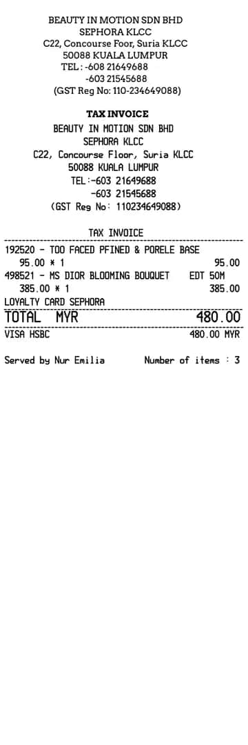 Sephora Receipt Asia