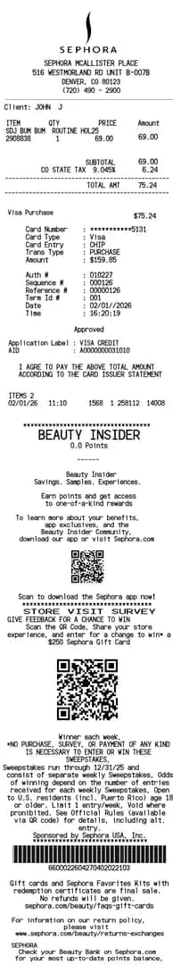 Sephora Receipt Long