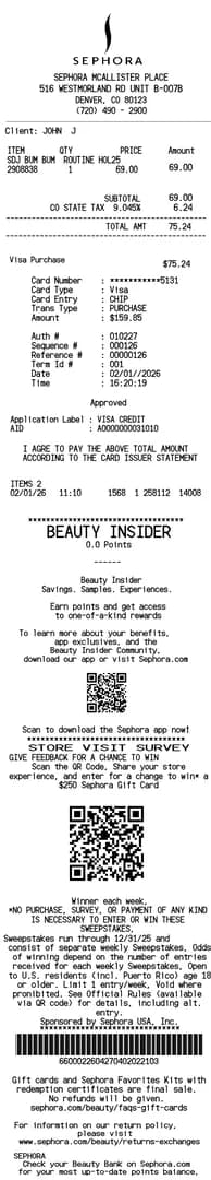 Sephora Receipt Long